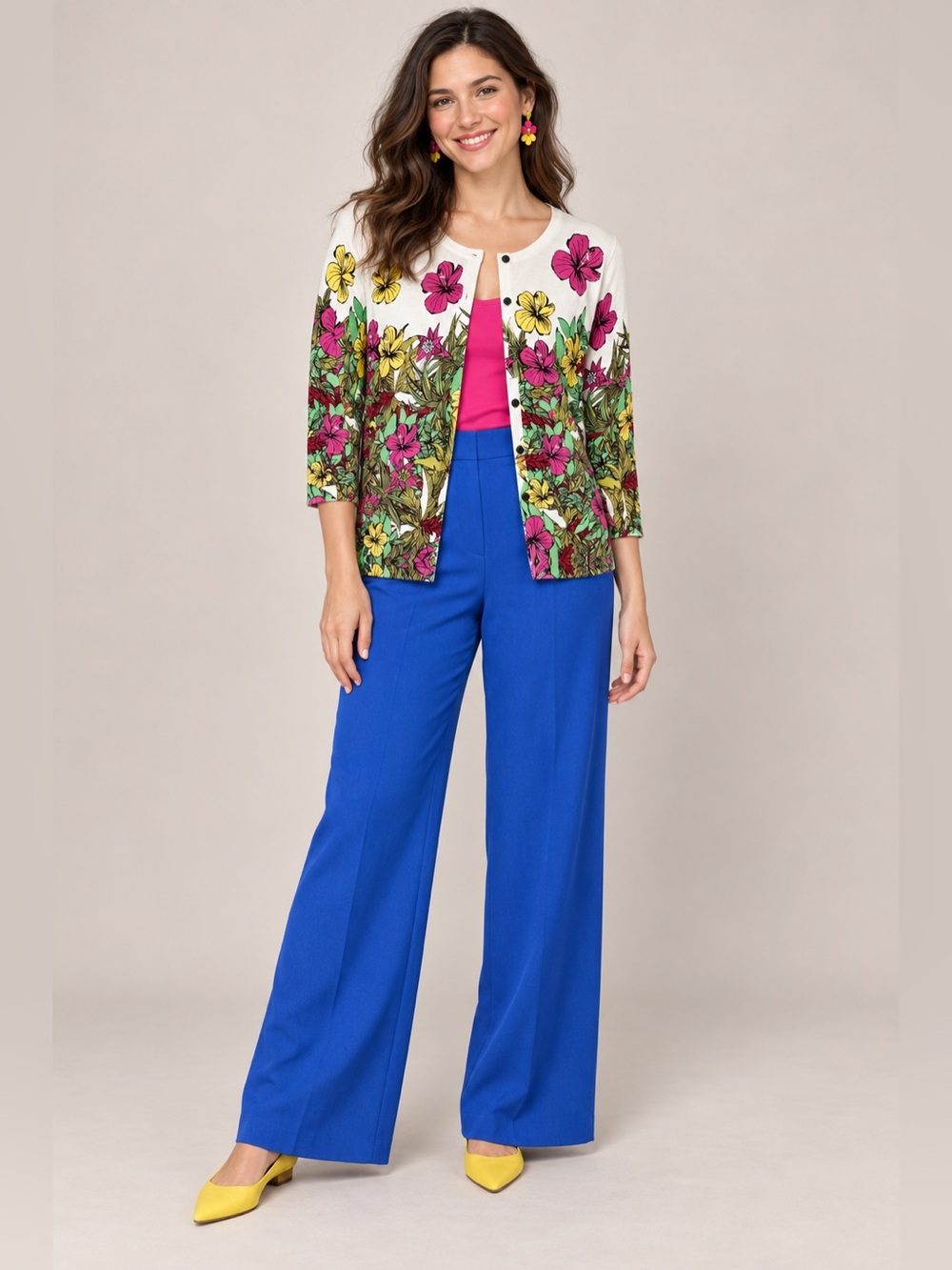 Joseph A Women’s Size L Tropical Floral Cardigan Button Front Dopamine Botanical